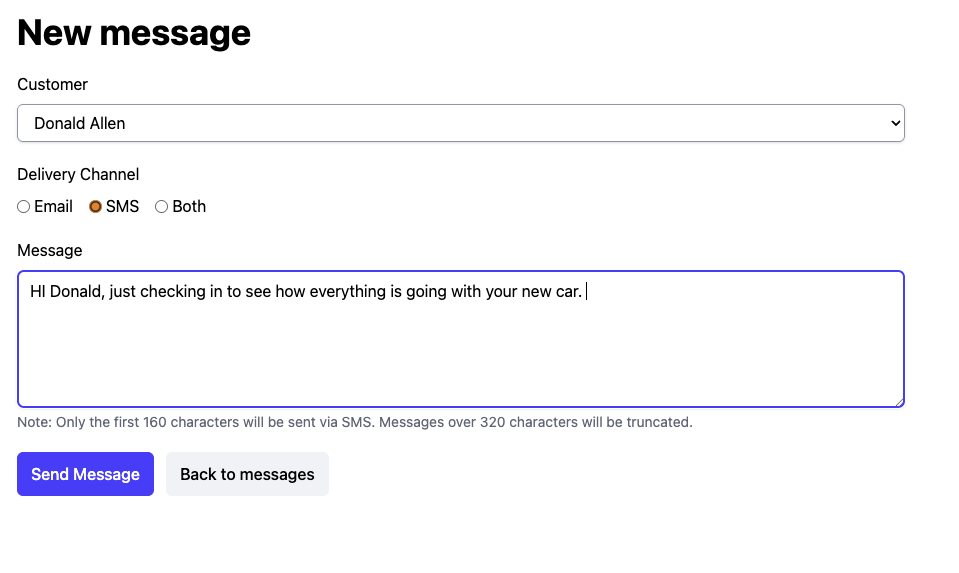 Compose-message screen with a specific customer selected, SMS channel chosen, and a custom one-off message ready to send.